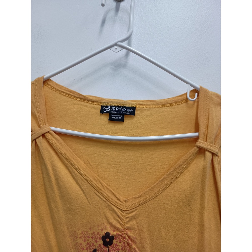 Self Esteem V-Neck Graphic T-Shirt Women XL Mustard Yellow Vintage Y2K Floral - Picture 5 of 11